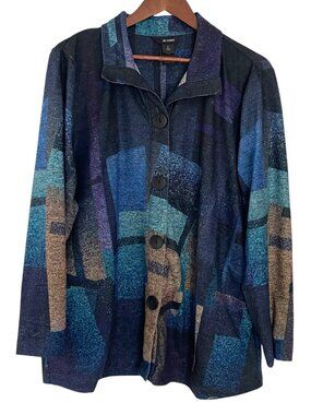 Ali Miles Button Down Tunic Top XL Black Purple Abstract Art to Wear Print Shirt